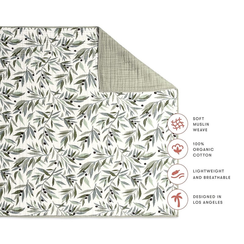 babyletto 100% Organic Cotton Quilt, GOTS-Certified, 3-Layers of Ultra-Soft and Breathable Muslin - Olive Branches - Image 2